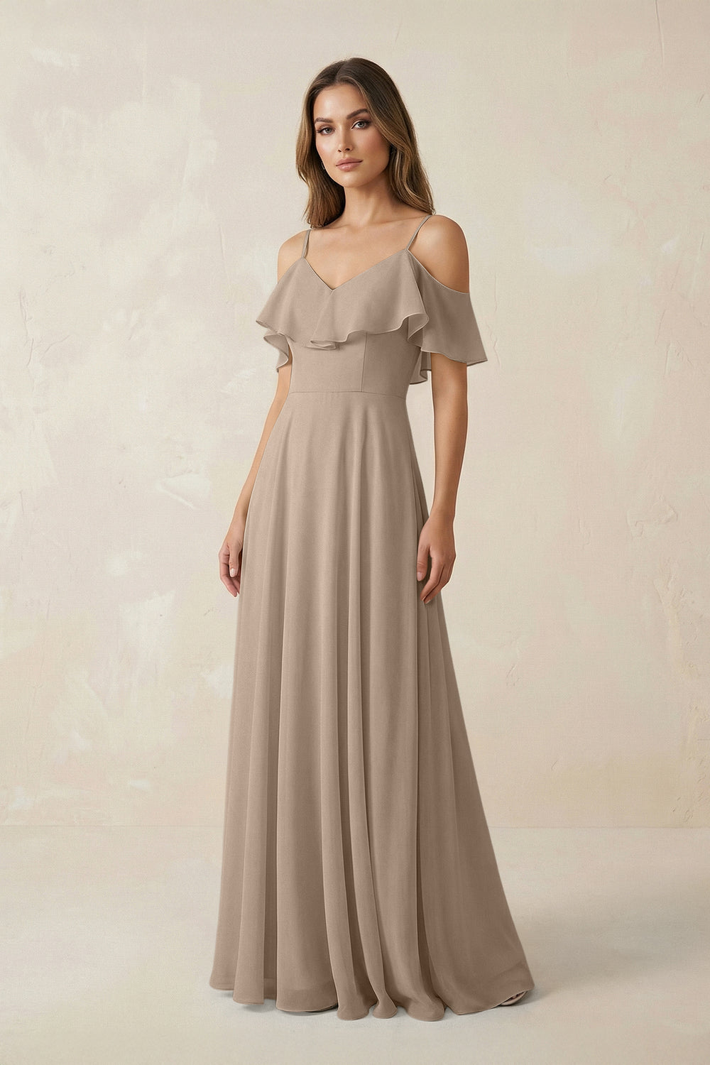 Off-the-Shoulder Ruffled A-Line Chiffon Bridesmaid Dress in Almond