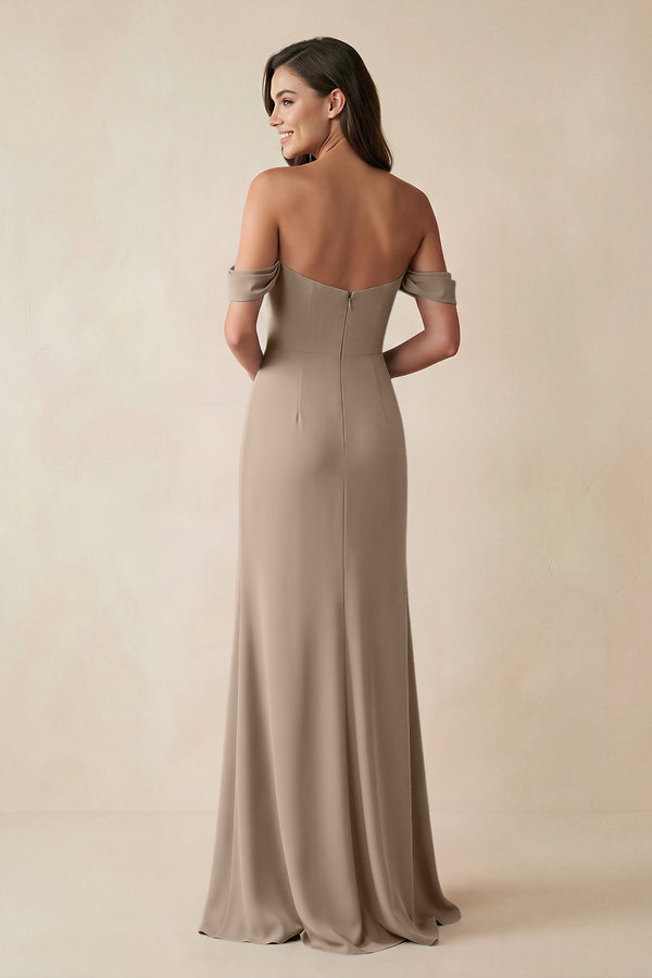 Almond Off-the-Shoulder Sheath Bridesmaid Dress with Slit (2) | KISSBRIDAL