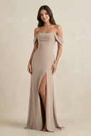 Almond Off-the-Shoulder Sheath Bridesmaid Dress with Slit | KISSBRIDAL