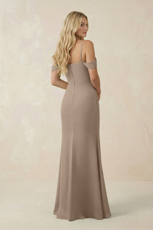 Almond Off-the-Shoulder Sheath Chiffon Ruched Bridesmaid Dress (2) | KISSBRIDAL