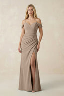 Almond Off-the-Shoulder Sheath Chiffon Ruched Bridesmaid Dress | KISSBRIDAL
