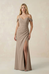 Almond Off-the-Shoulder Sheath Chiffon Ruched Bridesmaid Dress | KISSBRIDAL