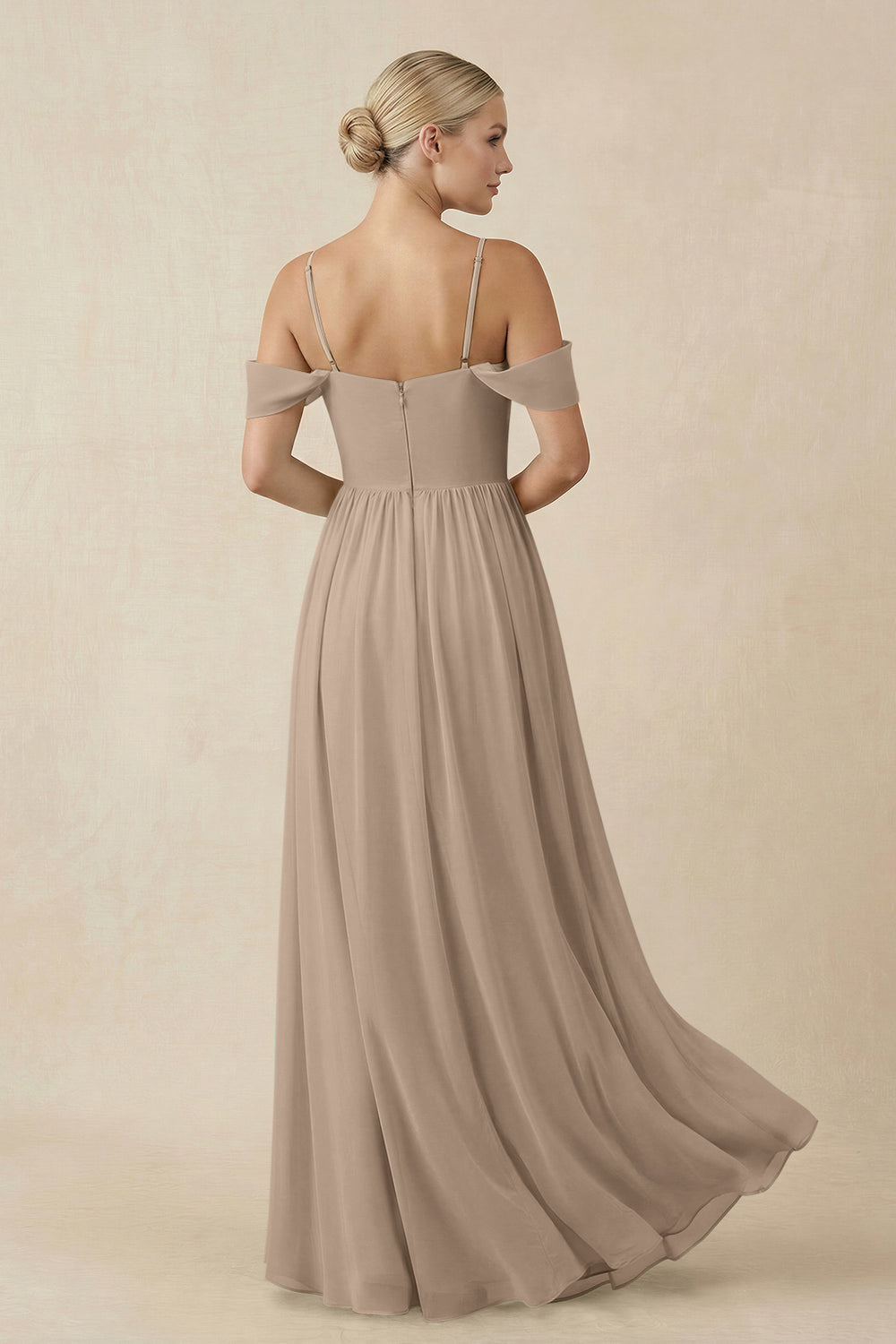 Off-the-Shoulder Sweetheart A-Line Chiffon Bridesmaid Dress in Almond