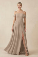 Almond Off-the-Shoulder Sweetheart A-Line Chiffon Bridesmaid Dress | KISSBRIDAL