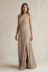 Almond One-Shoulder Chiffon A-Line Bridesmaid Dress With Slit | KISSBRIDAL