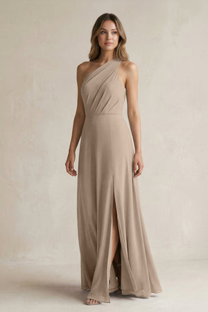Almond One-Shoulder Chiffon A-Line Bridesmaid Dress With Slit | KISSBRIDAL
