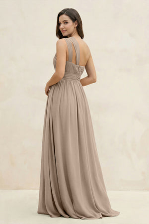 Almond One-Shoulder Pleated A-Line Chiffon Bridesmaid Dress (2) | KISSBRIDAL