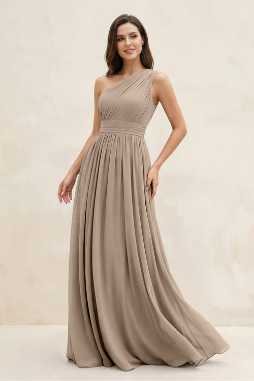 Almond One-Shoulder Pleated A-Line Chiffon Bridesmaid Dress | KISSBRIDAL