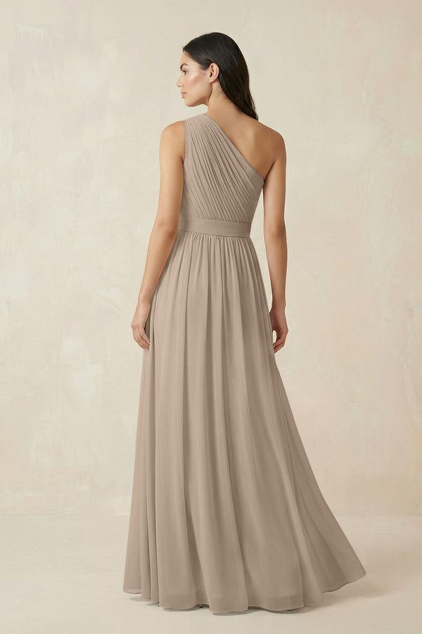 Almond One-Shoulder Pleated Chiffon Bridesmaid Gown (2) | KISSBRIDAL