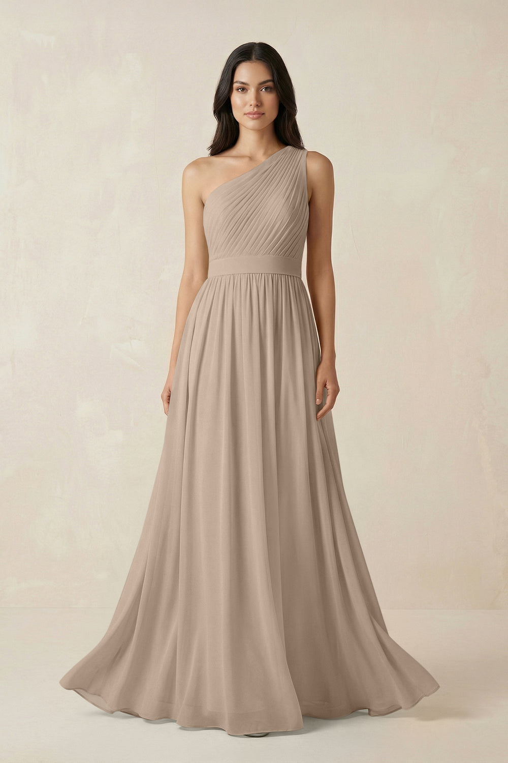 One-Shoulder Pleated Chiffon Bridesmaid Gown in Almond