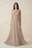Almond One-Shoulder Pleated Chiffon Bridesmaid Gown | KISSBRIDAL
