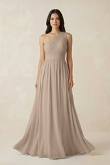 Almond One-Shoulder Pleated Chiffon Bridesmaid Gown | KISSBRIDAL