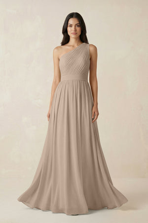 Almond One-Shoulder Pleated Chiffon Bridesmaid Gown | KISSBRIDAL