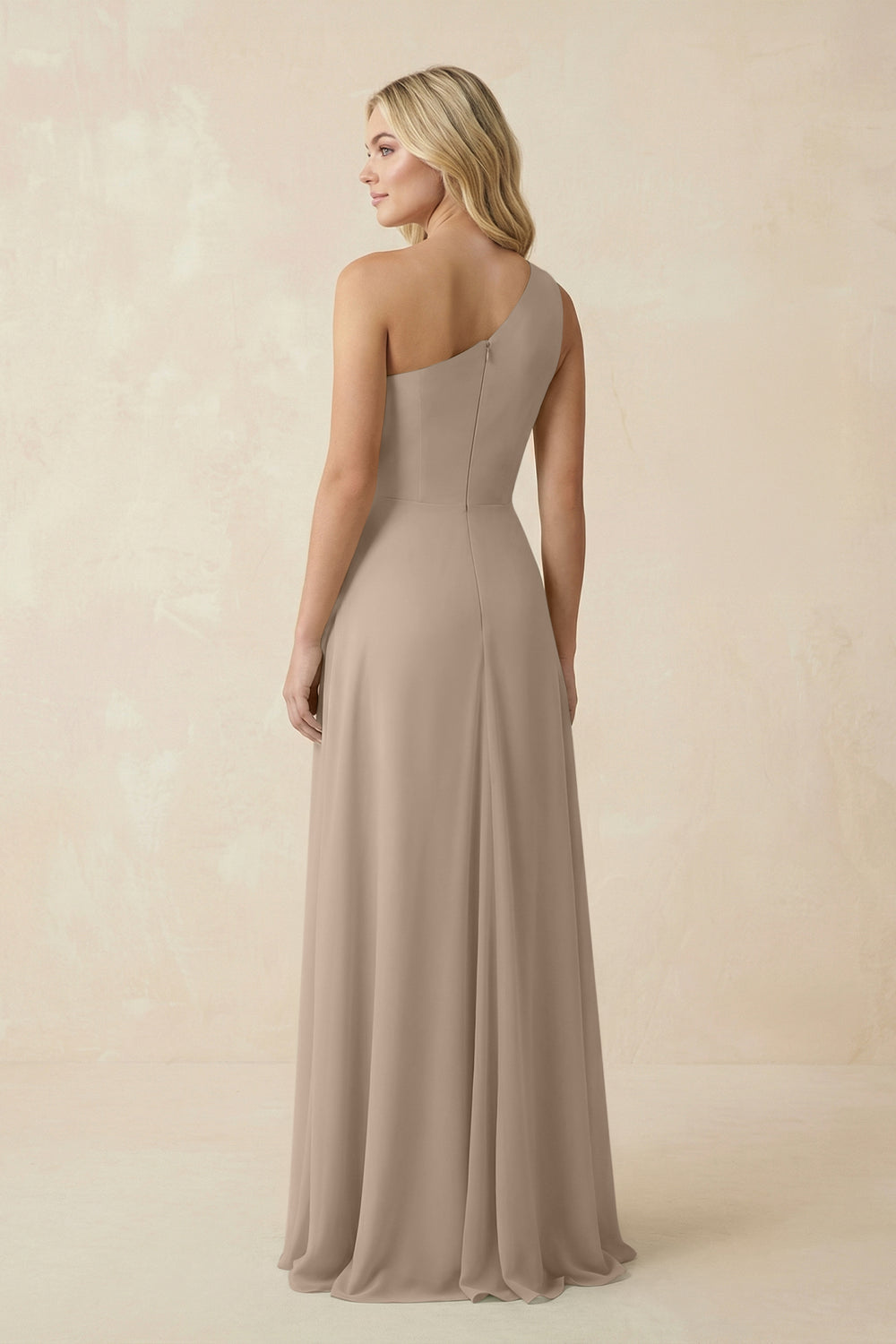 One-Shoulder Ruched A-Line Chiffon Bridesmaid Dress in Almond