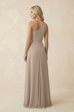 Almond One-Shoulder Ruched A-Line Chiffon Bridesmaid Dress (2) | KISSBRIDAL
