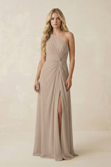 Almond One-Shoulder Ruched A-Line Chiffon Bridesmaid Dress | KISSBRIDAL