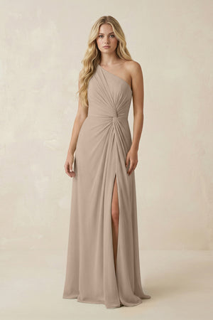 Almond One-Shoulder Ruched A-Line Chiffon Bridesmaid Dress | KISSBRIDAL