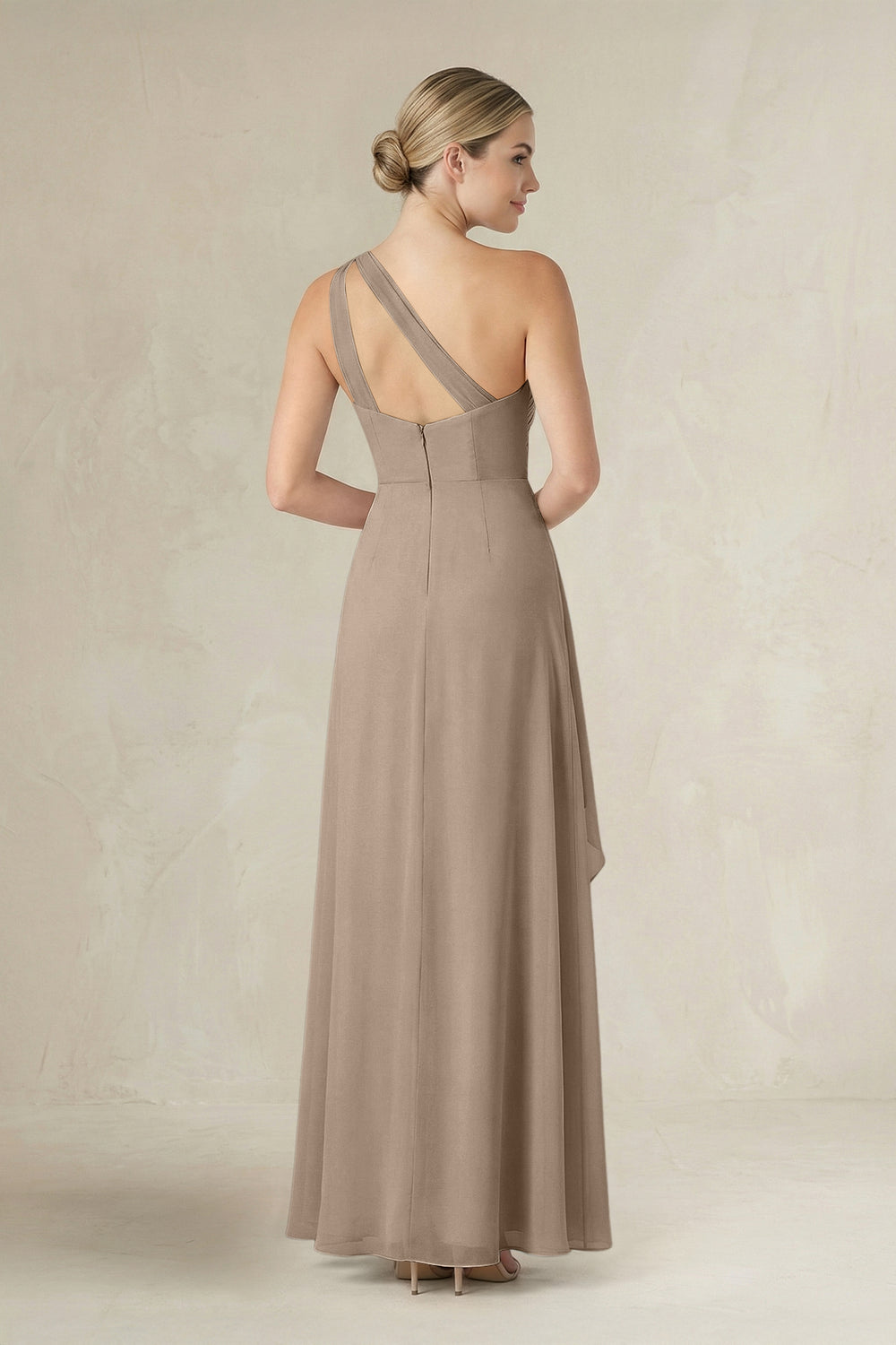 One-Shoulder Sheath Ruched Ruffled Bridesmaid Dress in Almond