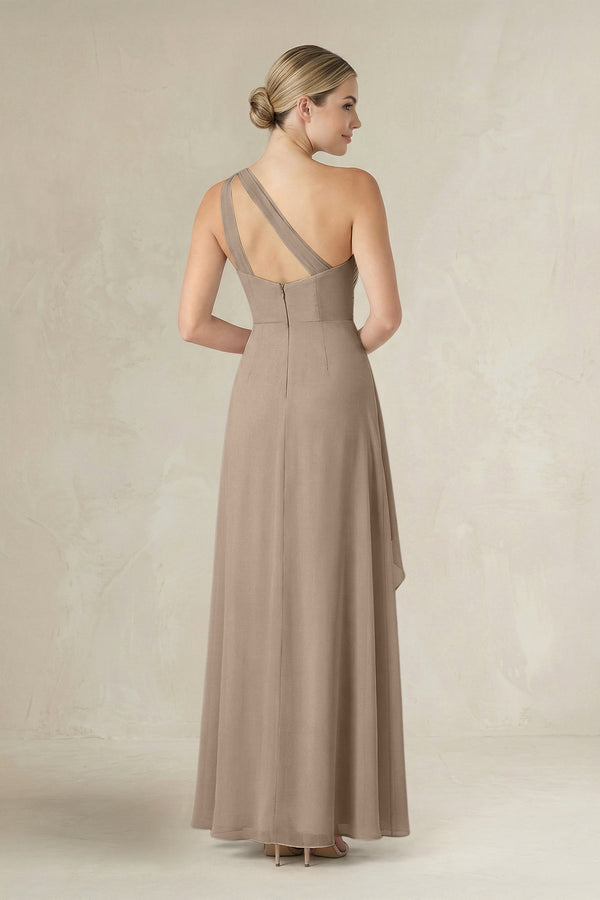 Almond One-Shoulder Sheath Ruched Ruffled Bridesmaid Dress (2) | KISSBRIDAL