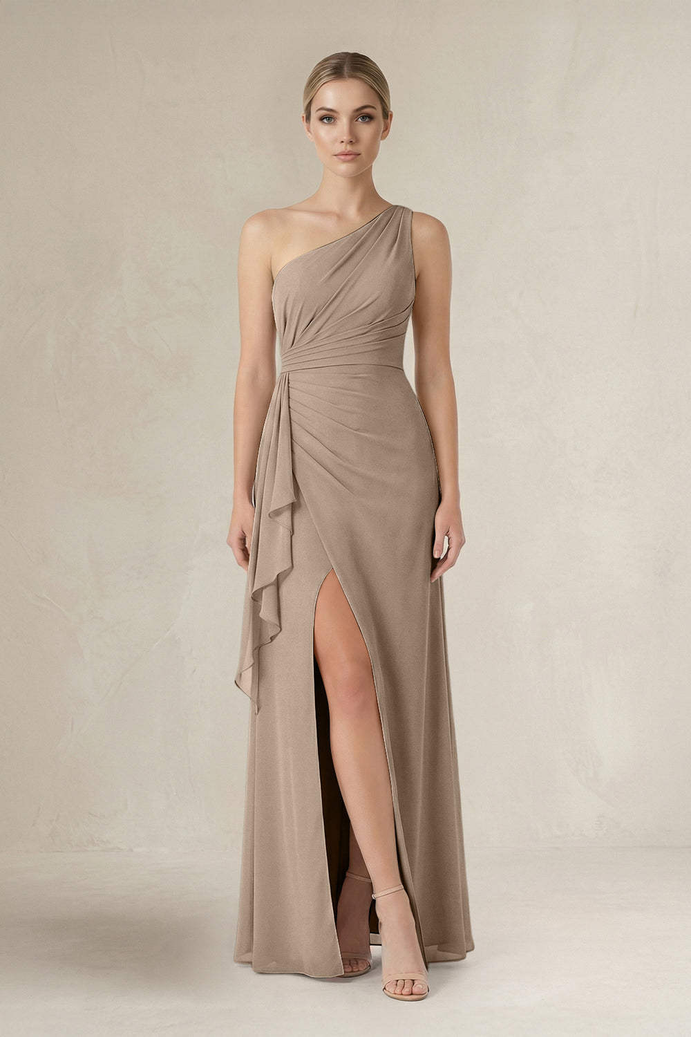 One-Shoulder Sheath Ruched Ruffled Bridesmaid Dress in Almond