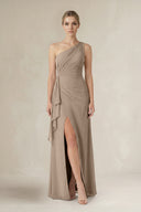 Almond One-Shoulder Sheath Ruched Ruffled Bridesmaid Dress | KISSBRIDAL