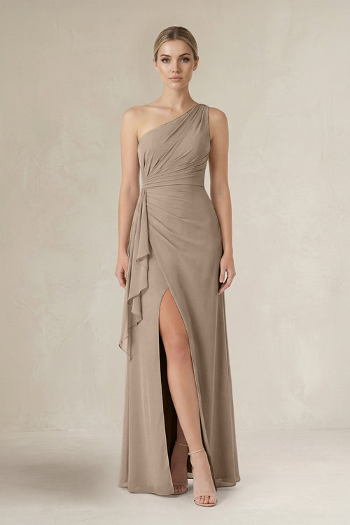 Almond One-Shoulder Sheath Ruched Ruffled Bridesmaid Dress | KISSBRIDAL