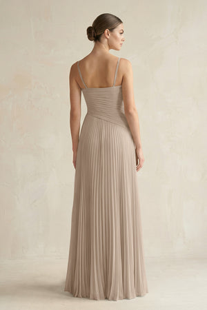 Almond Pleated A-Line Long Chiffon Bridesmaid Dress (2) | KISSBRIDAL