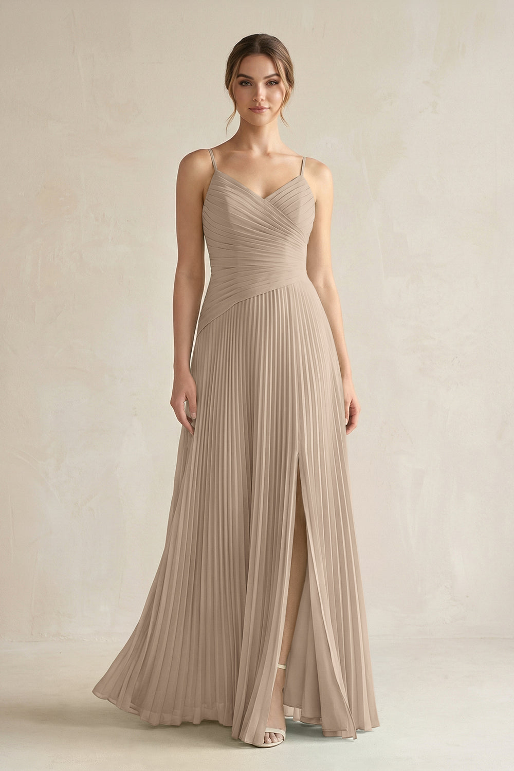 Pleated A-Line Long Chiffon Bridesmaid Dress in Almond