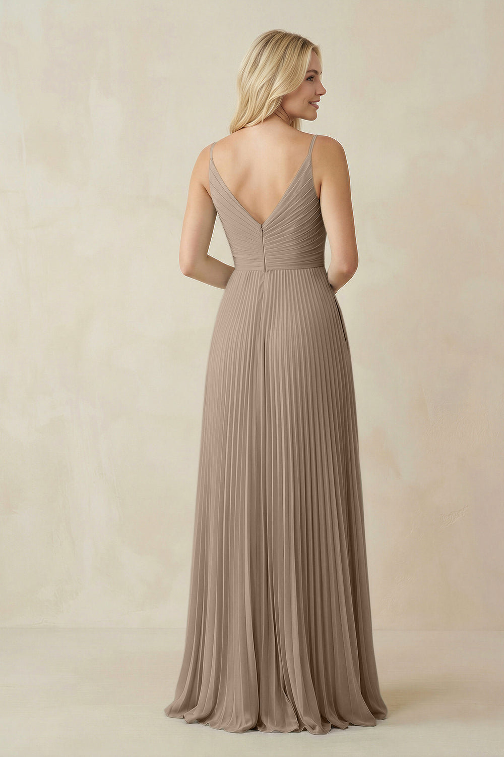Pleated V-Neck A-Line Chiffon Bridesmaid Dress in Almond