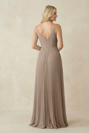 Almond Pleated V-Neck A-Line Chiffon Bridesmaid Dress (2) | KISSBRIDAL