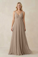 Almond Pleated V-Neck A-Line Chiffon Bridesmaid Dress | KISSBRIDAL