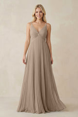 Almond Pleated V-Neck A-Line Chiffon Bridesmaid Dress | KISSBRIDAL