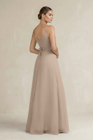 Almond Ruched A-Line Chiffon Bridesmaid Dress with Slit (2) | KISSBRIDAL