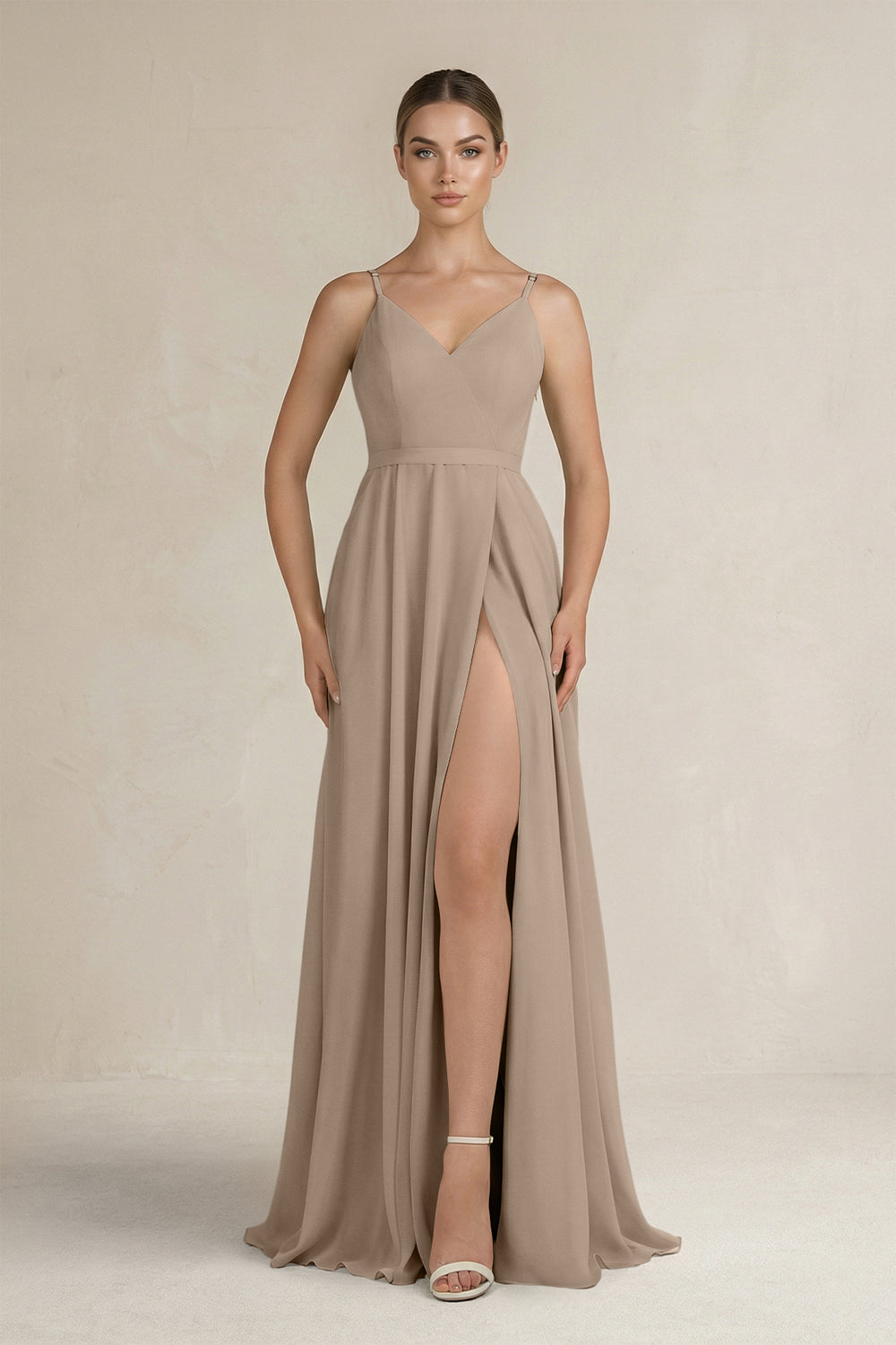 Ruched A-Line Chiffon Bridesmaid Dress with Slit in Almond
