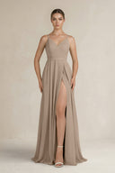 Almond Ruched A-Line Chiffon Bridesmaid Dress with Slit | KISSBRIDAL