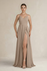 Almond Ruched A-Line Chiffon Bridesmaid Dress with Slit | KISSBRIDAL