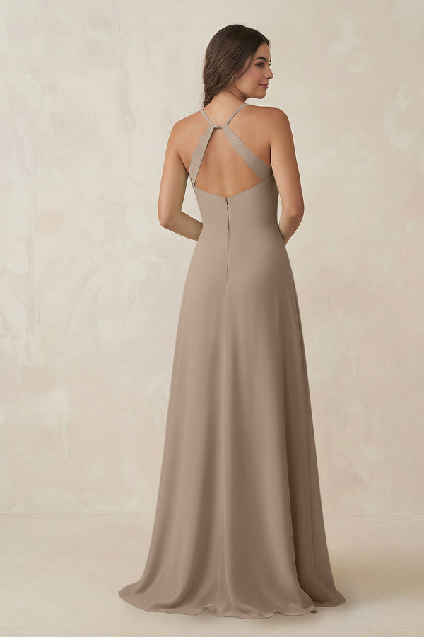 Almond Ruched Sheath Chiffon Bridesmaid Dress (2) | KISSBRIDAL