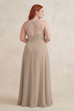 Almond Ruched Sheath Chiffon Bridesmaid Dress (2) | KISSBRIDAL