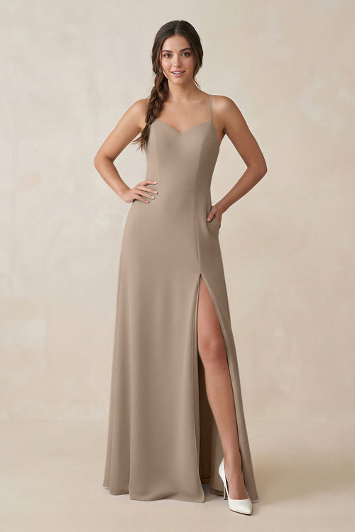 Almond Ruched Sheath Chiffon Bridesmaid Dress | KISSBRIDAL