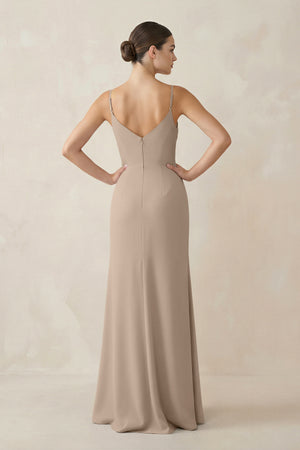 Almond Ruched Sheath Spaghetti Strap Chiffon Bridesmaid Dress (2) | KISSBRIDAL