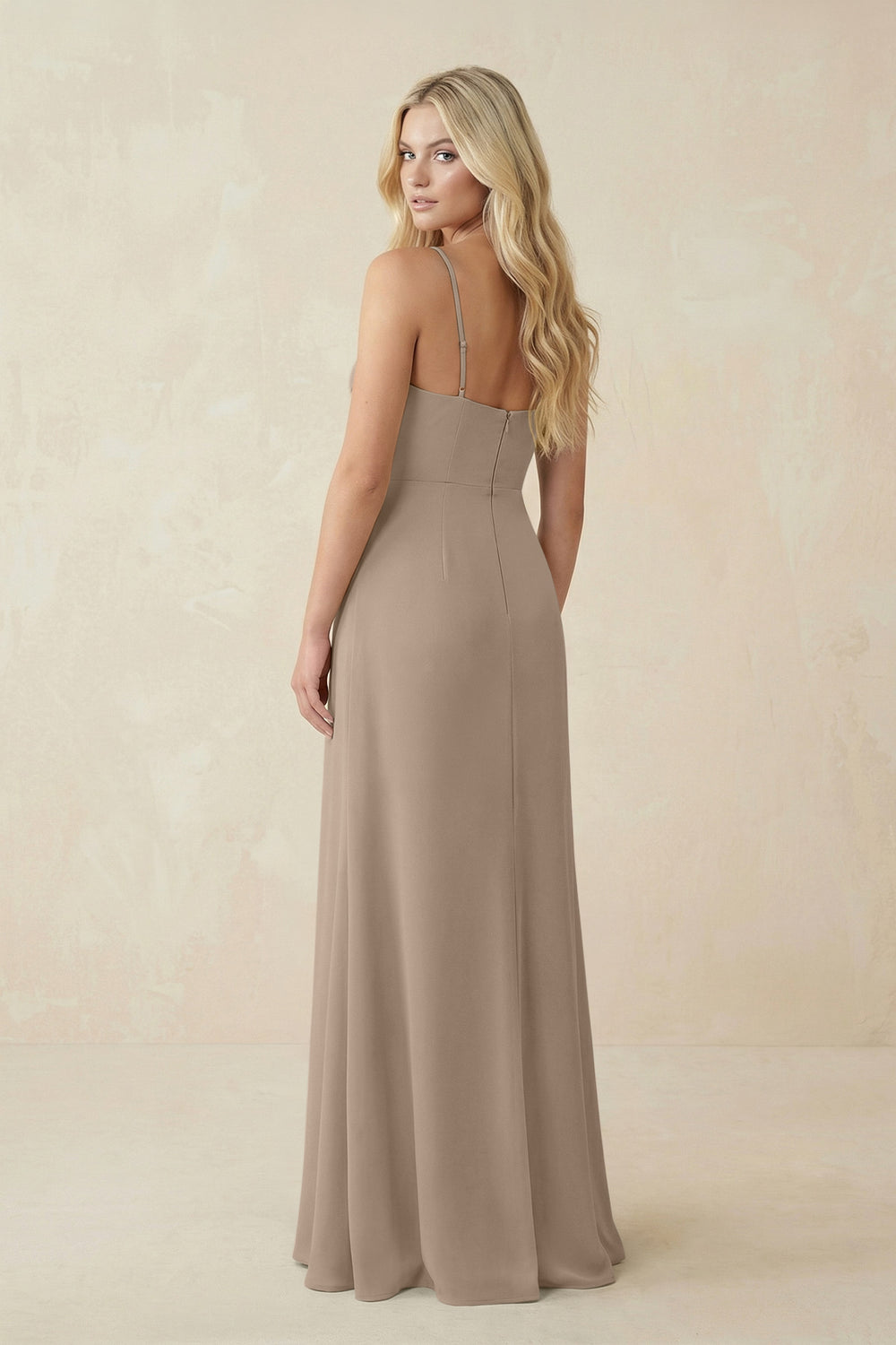 Ruched Sheath Spaghetti Strap Chiffon Bridesmaid Dress in Almond