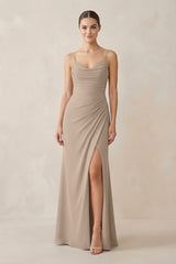 Almond Ruched Sheath Spaghetti Strap Chiffon Bridesmaid Dress | KISSBRIDAL