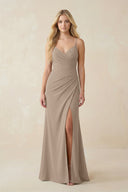 Almond Ruched Sheath Spaghetti Strap Chiffon Bridesmaid Dress | KISSBRIDAL