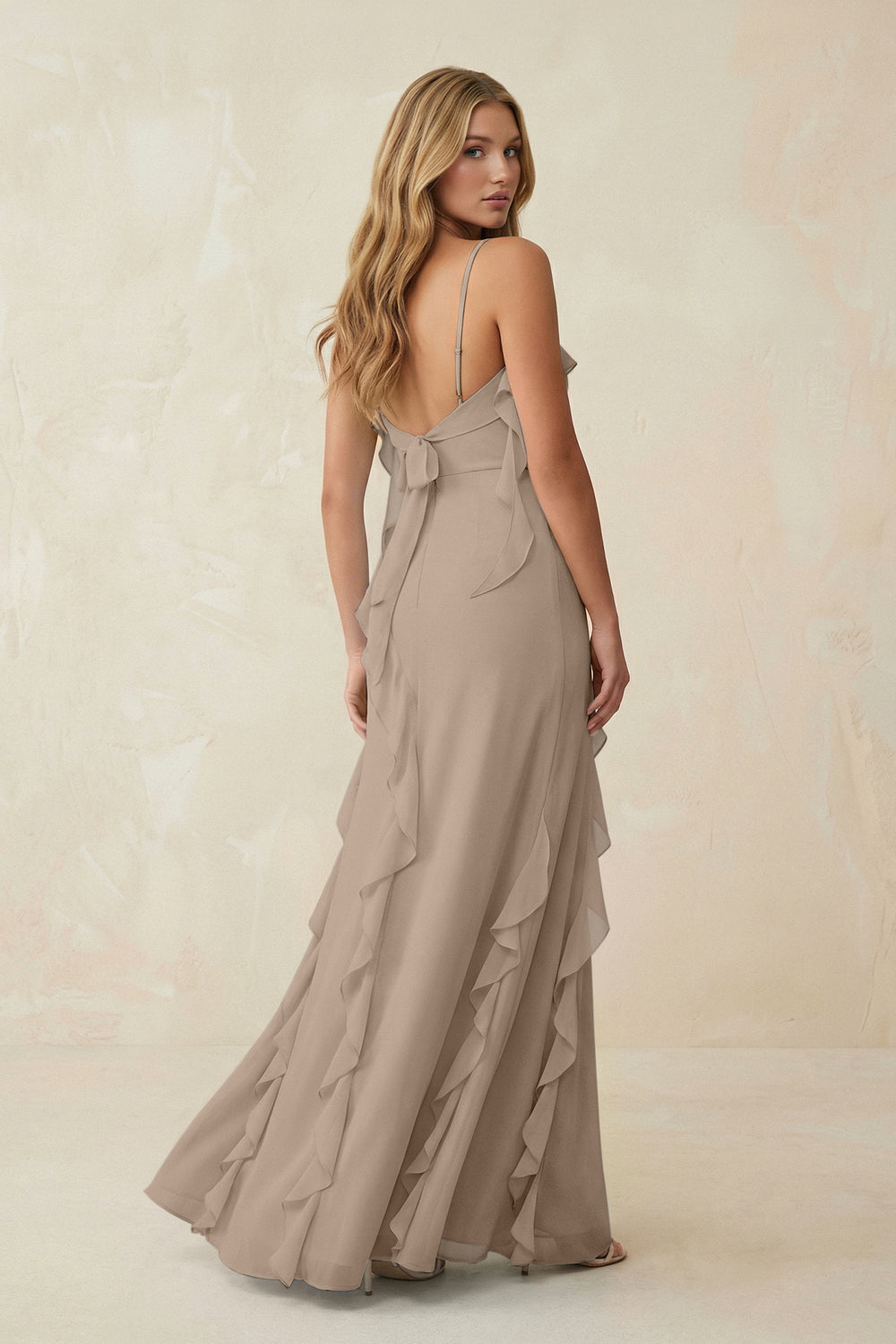 Ruffled Cami Strap Chiffon Sheath Bridesmaid Dress in Almond