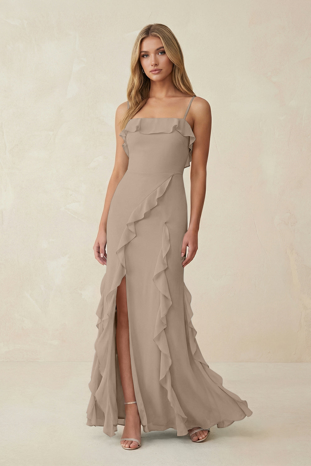 Ruffled Cami Strap Chiffon Sheath Bridesmaid Dress in Almond