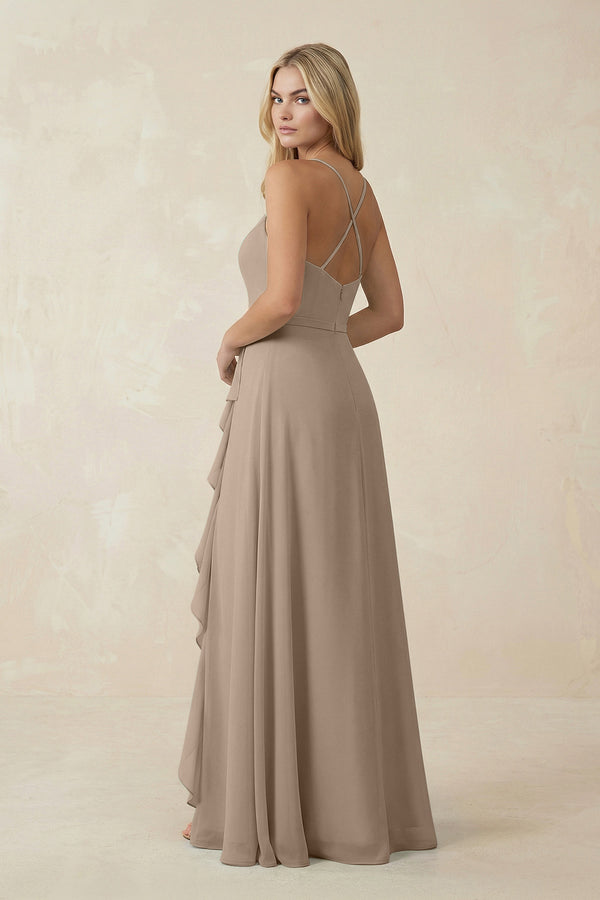 Almond Ruffled Hem A-Line Chiffon Bridesmaid Dress (2) | KISSBRIDAL
