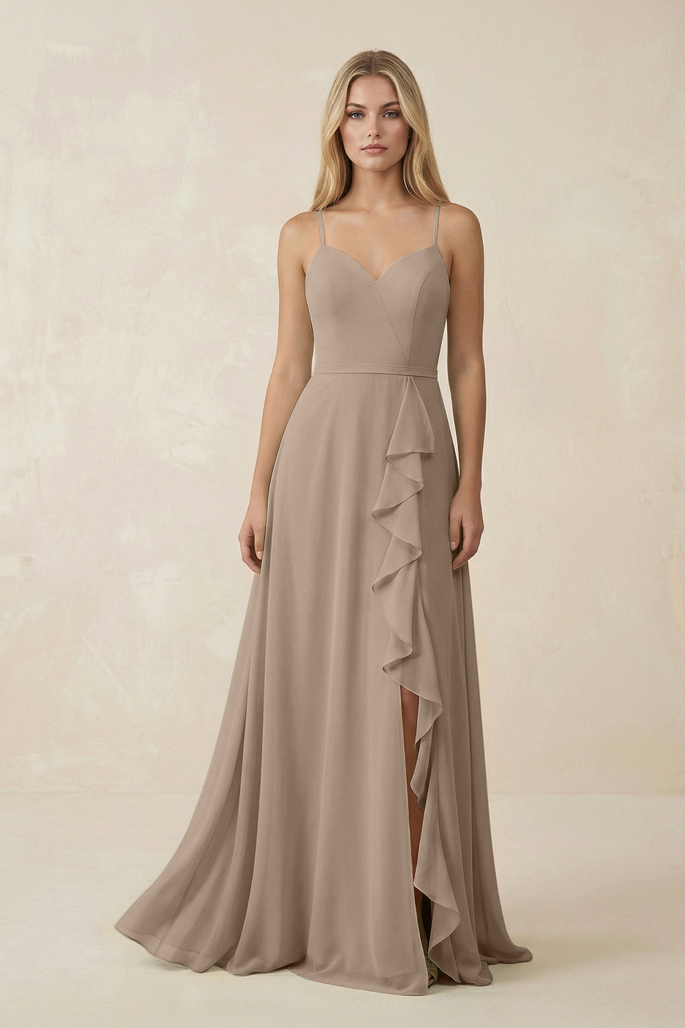Ruffled Hem A-Line Chiffon Bridesmaid Dress in Almond