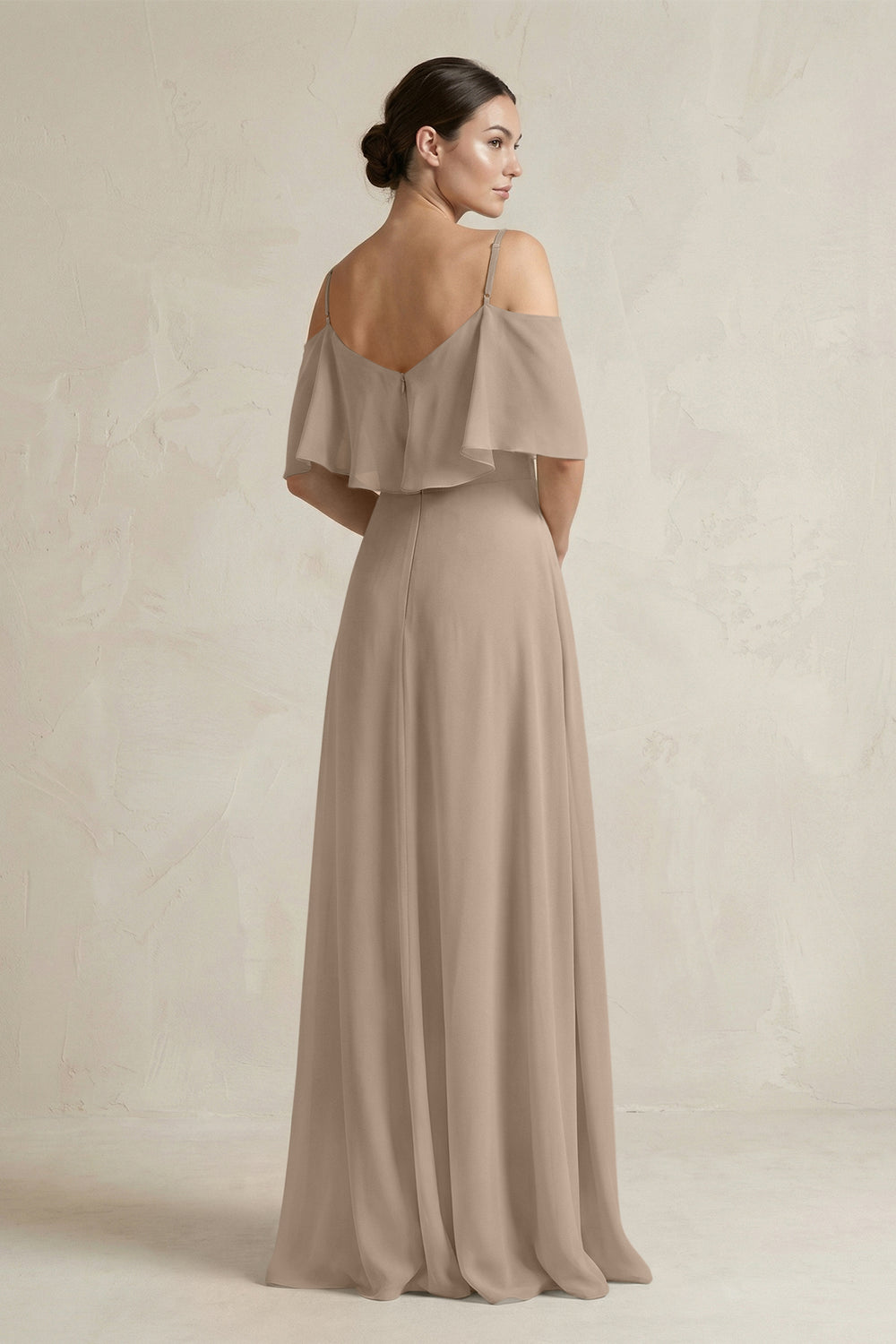 Ruffled Off-the-Shoulder A-Line Chiffon Bridesmaid Gown in Almond