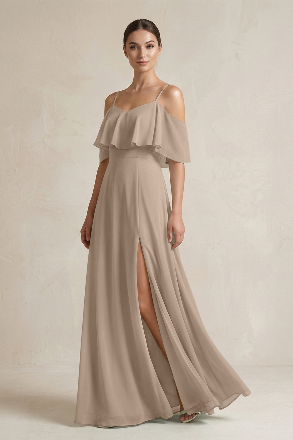 Ruffled Off-the-Shoulder A-Line Chiffon Bridesmaid Gown in Almond