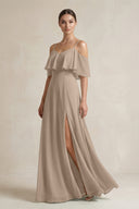 Almond Ruffled Off-the-Shoulder A-Line Chiffon Bridesmaid Gown | KISSBRIDAL